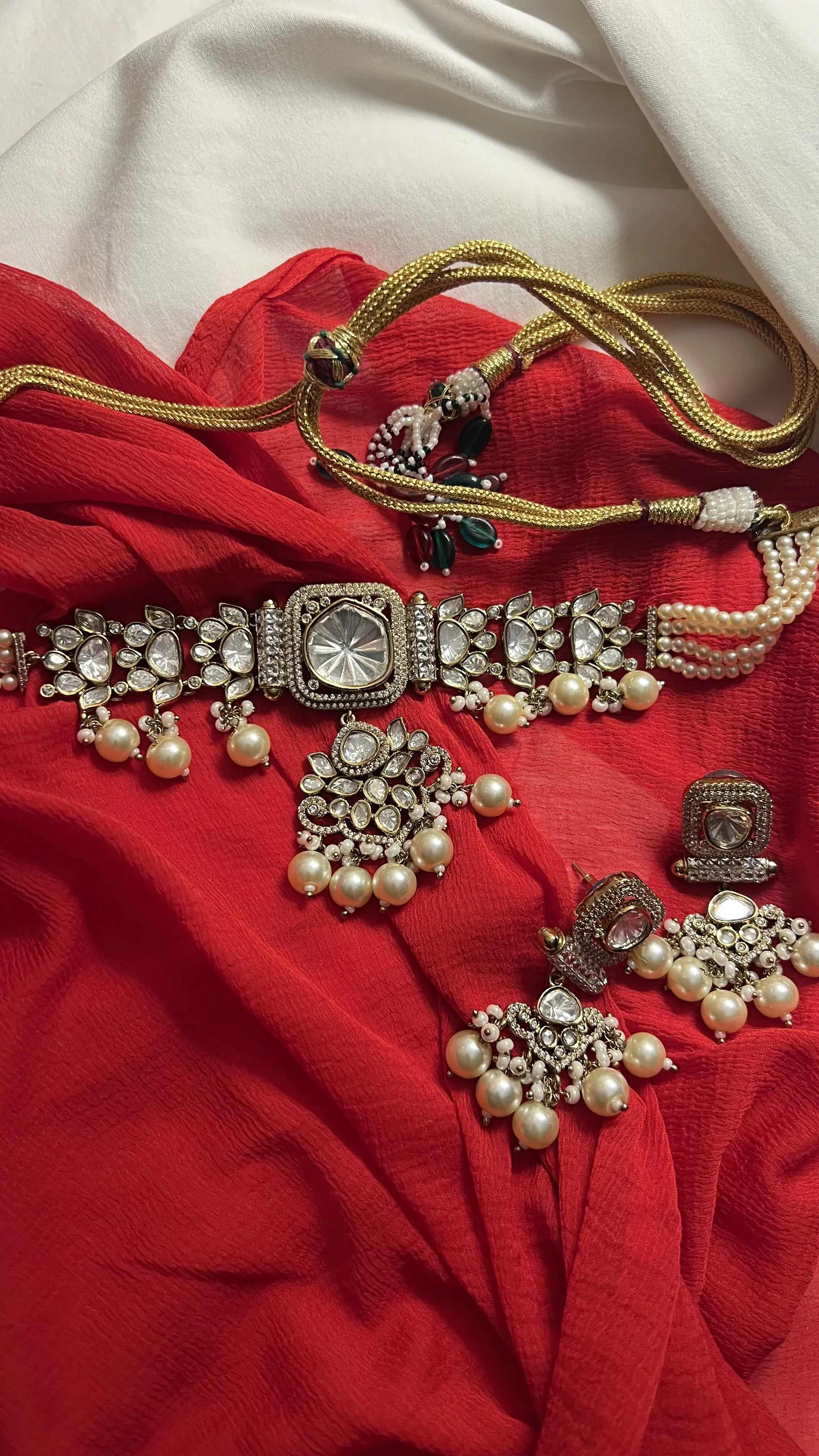 Tanisha Choker With Semi Precious Green Stones And Faux Polki Necklace Set - Image 5
