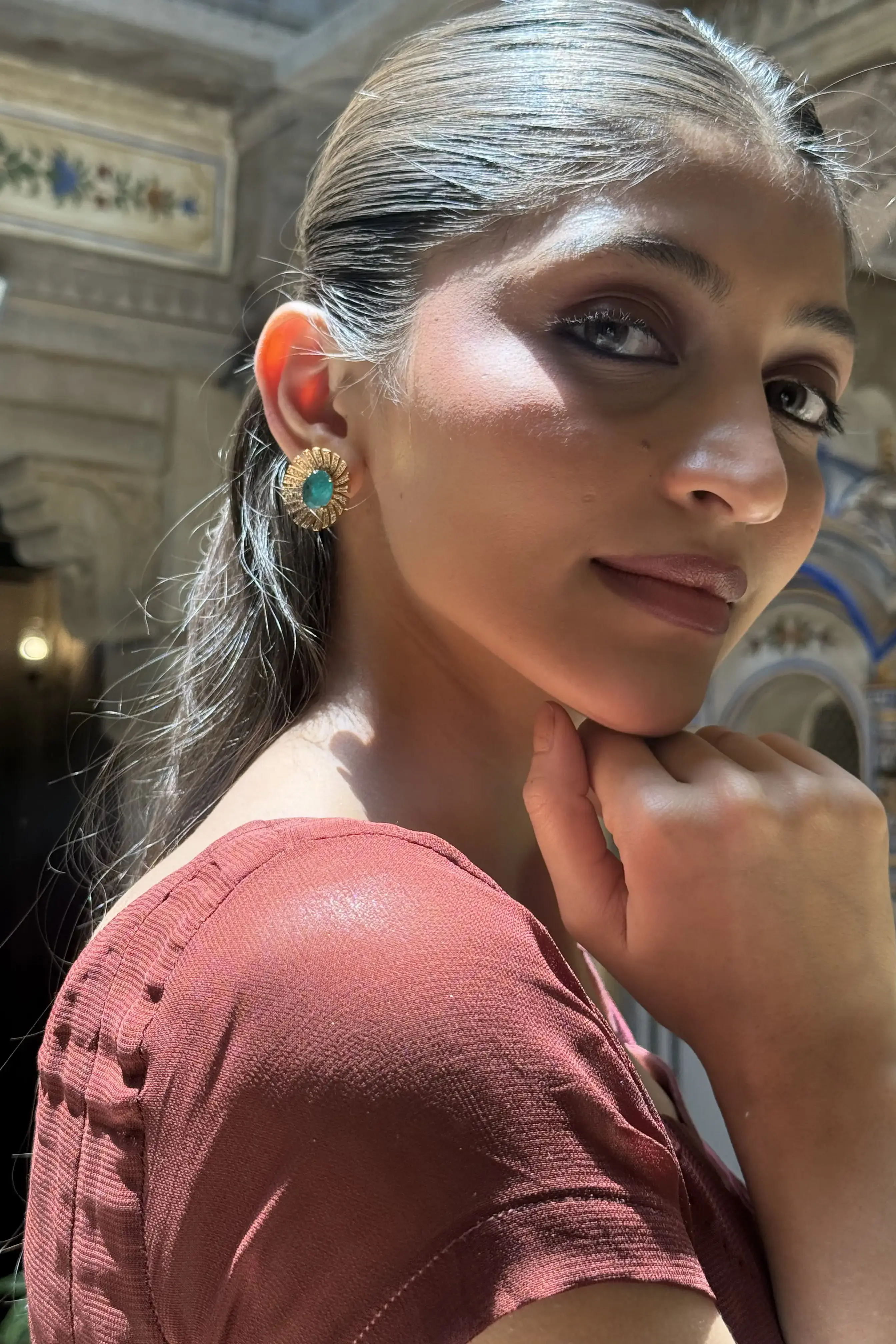 Usha Morning Ray Emerald Polki Stud Earrings - Image 4