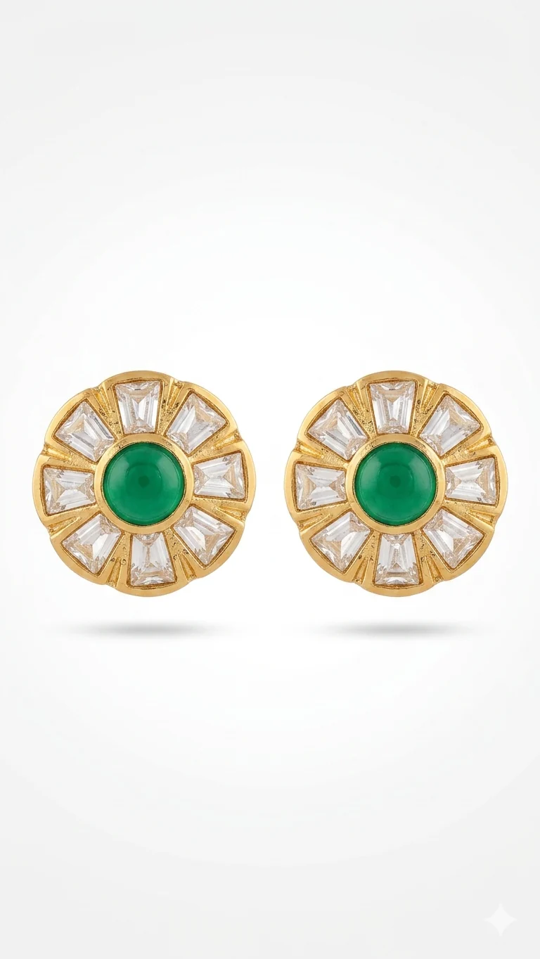 Green Emerald Sunburst Polki Stud Earrings